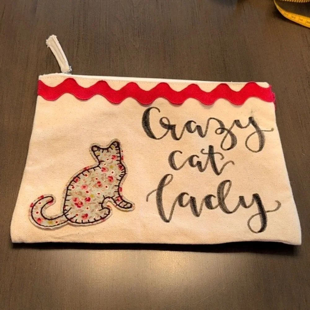 Handmade Crazy Cat Lady Zipper Pouch Bag With Ric Rac Trim & Floral Cat Applique